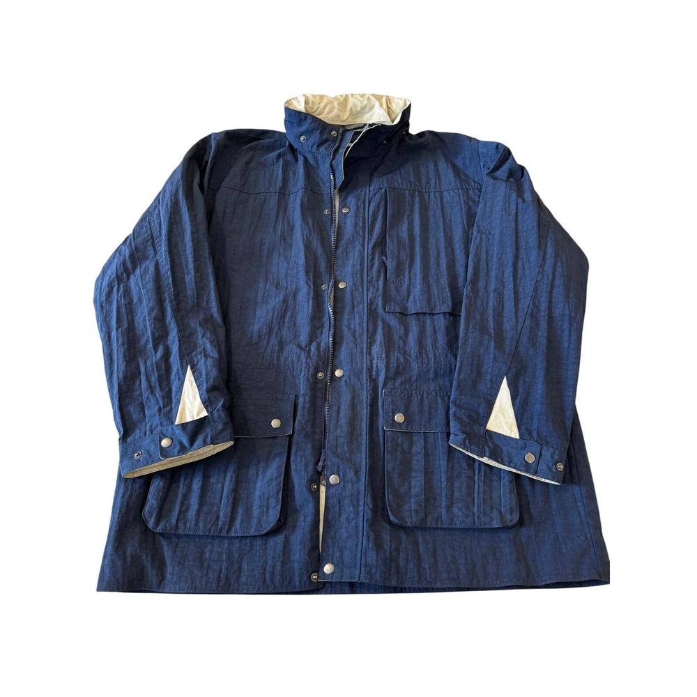 J. McLaughlin Men's XL Navy Blue Nylon Field Jacket Hooded Utility Multi Pocket